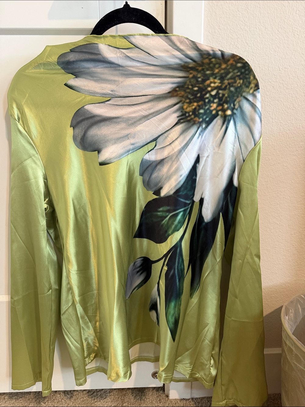 Floral-Print Satin Jacket in Light Green